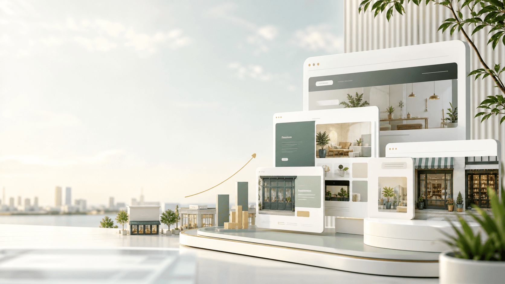 Modern website panels for local businesses arranged in a bright workspace